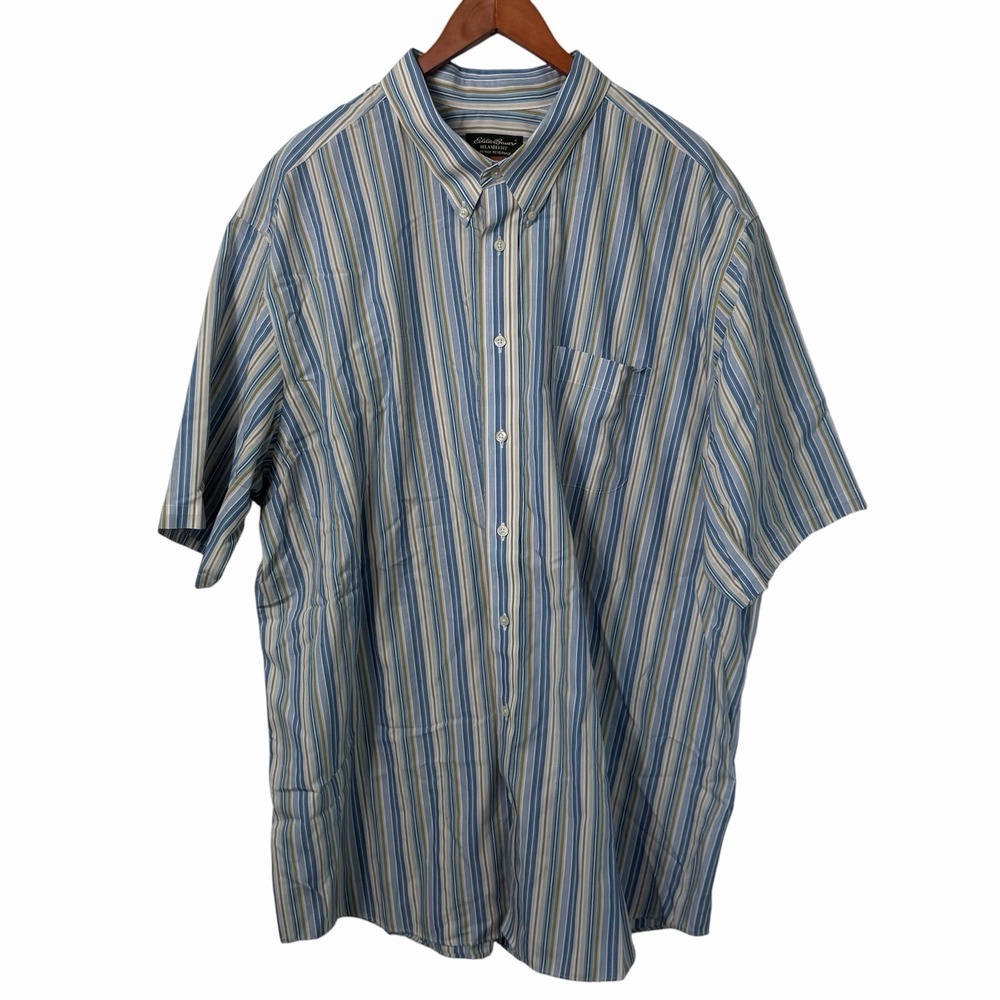 Eddie Bauer Mens XXXL Tall Blue Stripe Button Front Shirt Cotton Short Sleeve - Picture 2 of 7